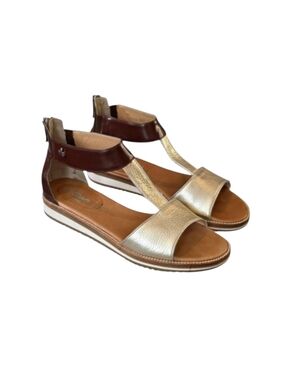 Voltan Brown And Gold Leather T-Stap Zip Heel Sandals Size 8